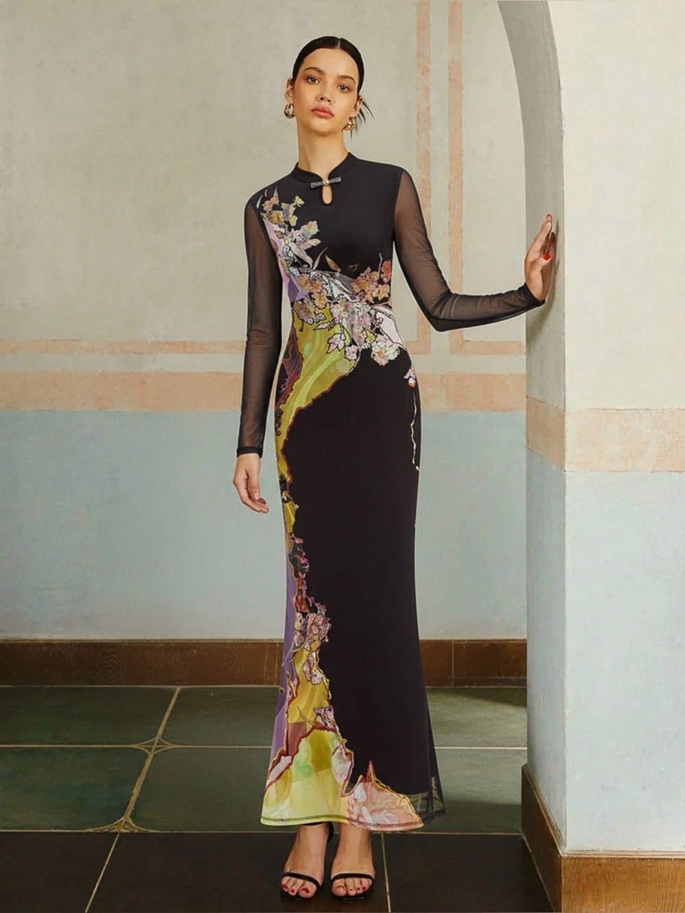 Floral Panel Long Sleeve maxi Evening Dress - Black